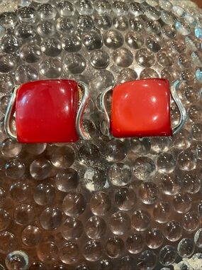 Signed Coro Red Thermoset Vintage Clip-On Square Earrings